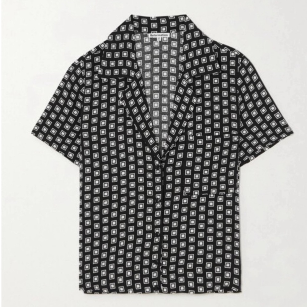 REFORMATION Net Sustain Cuba Printed Crepe Shirt Medium Black White Short Sleeve